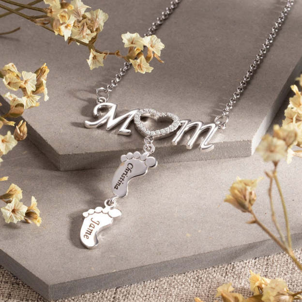 Christmas Gift Personalised Heart Crystal Mom Necklace With Baby Feet