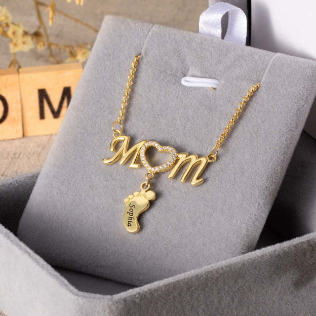 Christmas Gift Personalised Heart Crystal Mom Necklace With Baby Feet