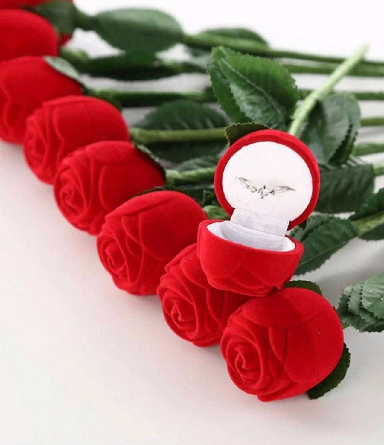 Stunning velvet red rose on Stem Jewelry gift box