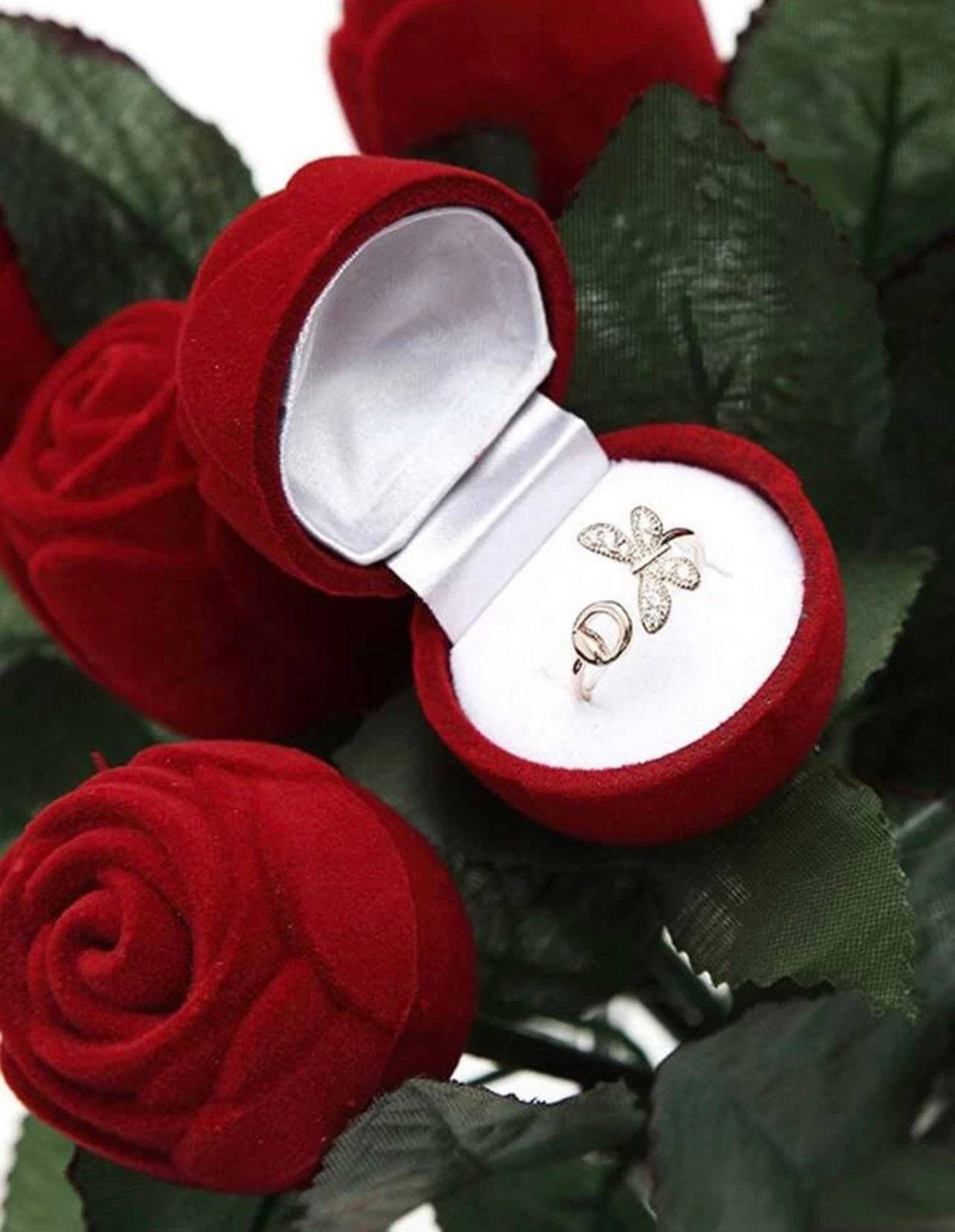 Stunning velvet red rose on Stem Jewelry gift box