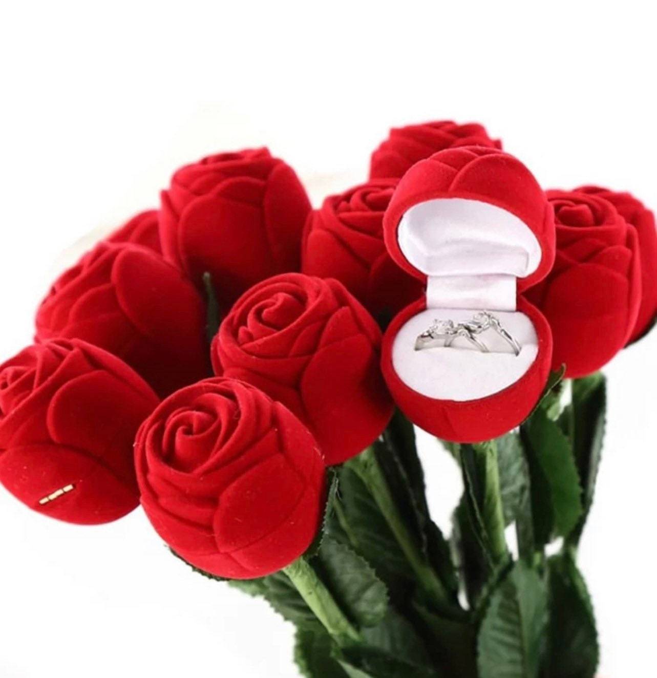 Stunning velvet red rose on Stem Jewelry gift box