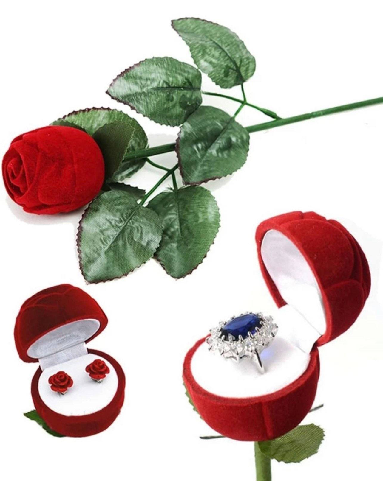Stunning velvet red rose on Stem Jewelry gift box