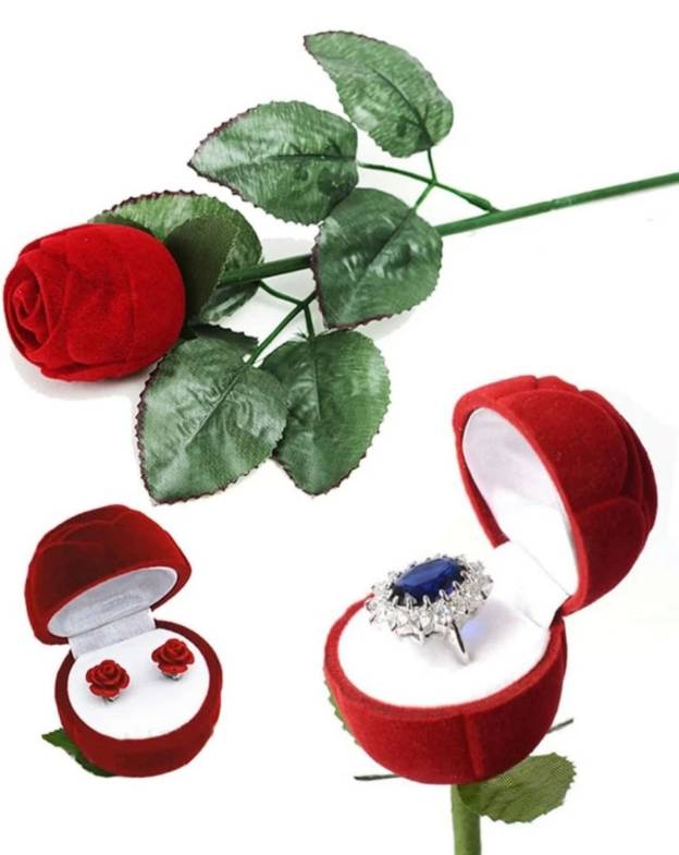 Stunning velvet red rose on Stem Jewelry gift box