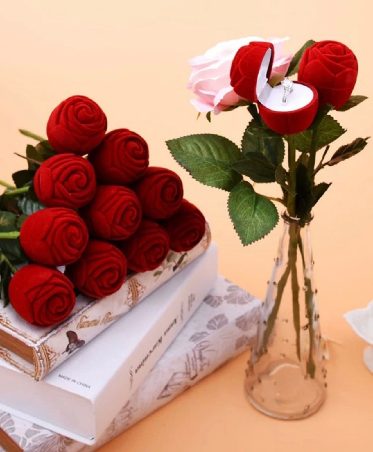 Stunning velvet red rose on Stem Jewelry gift box