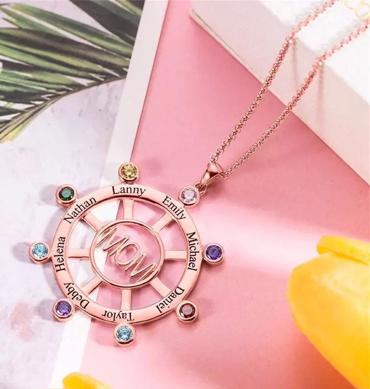 Personalised Family Tree Name Birthstone  Necklace 