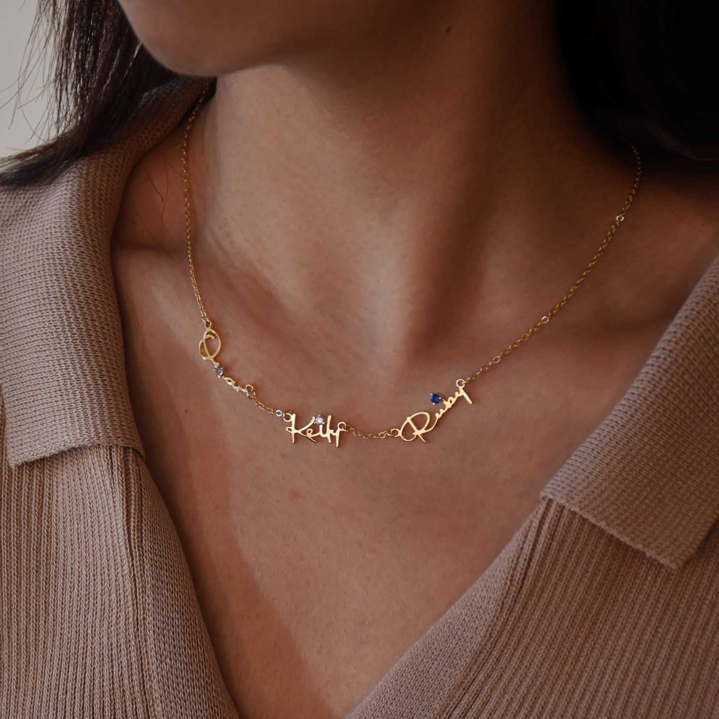 Personalised Multiple Family Birthstone Name Necklace