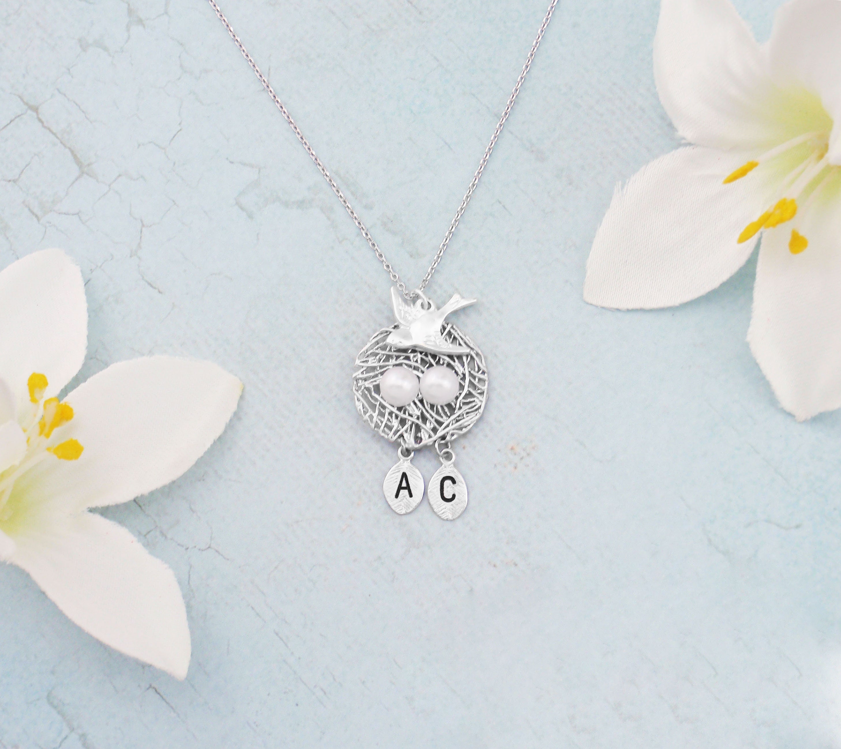Personalized pearl initial baby bird nest necklace