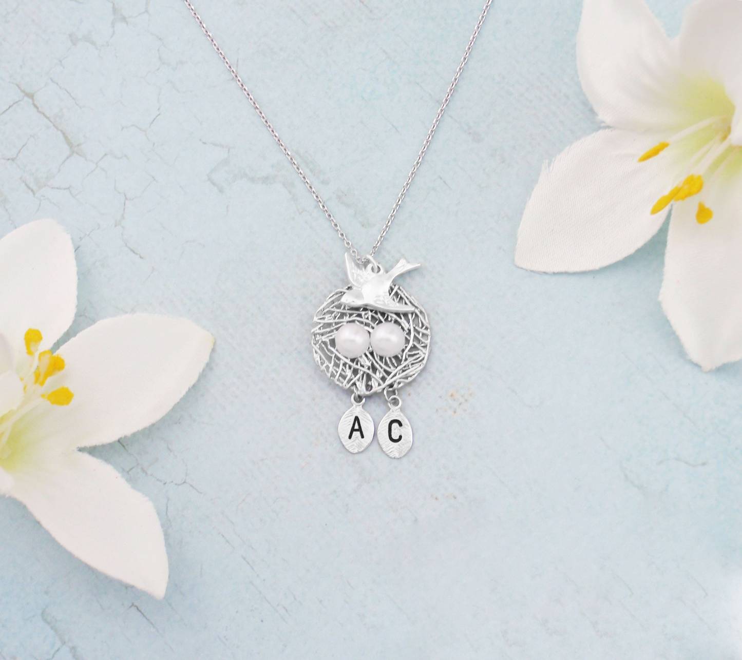 Personalized pearl initial baby bird nest necklace