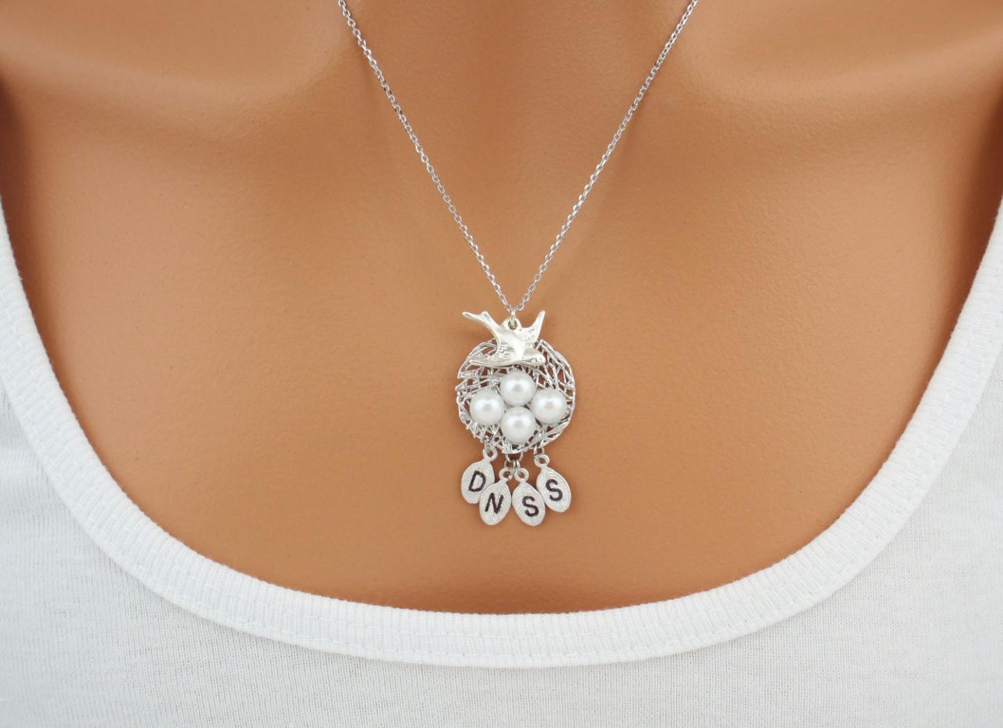 Personalized pearl initial baby bird nest necklace