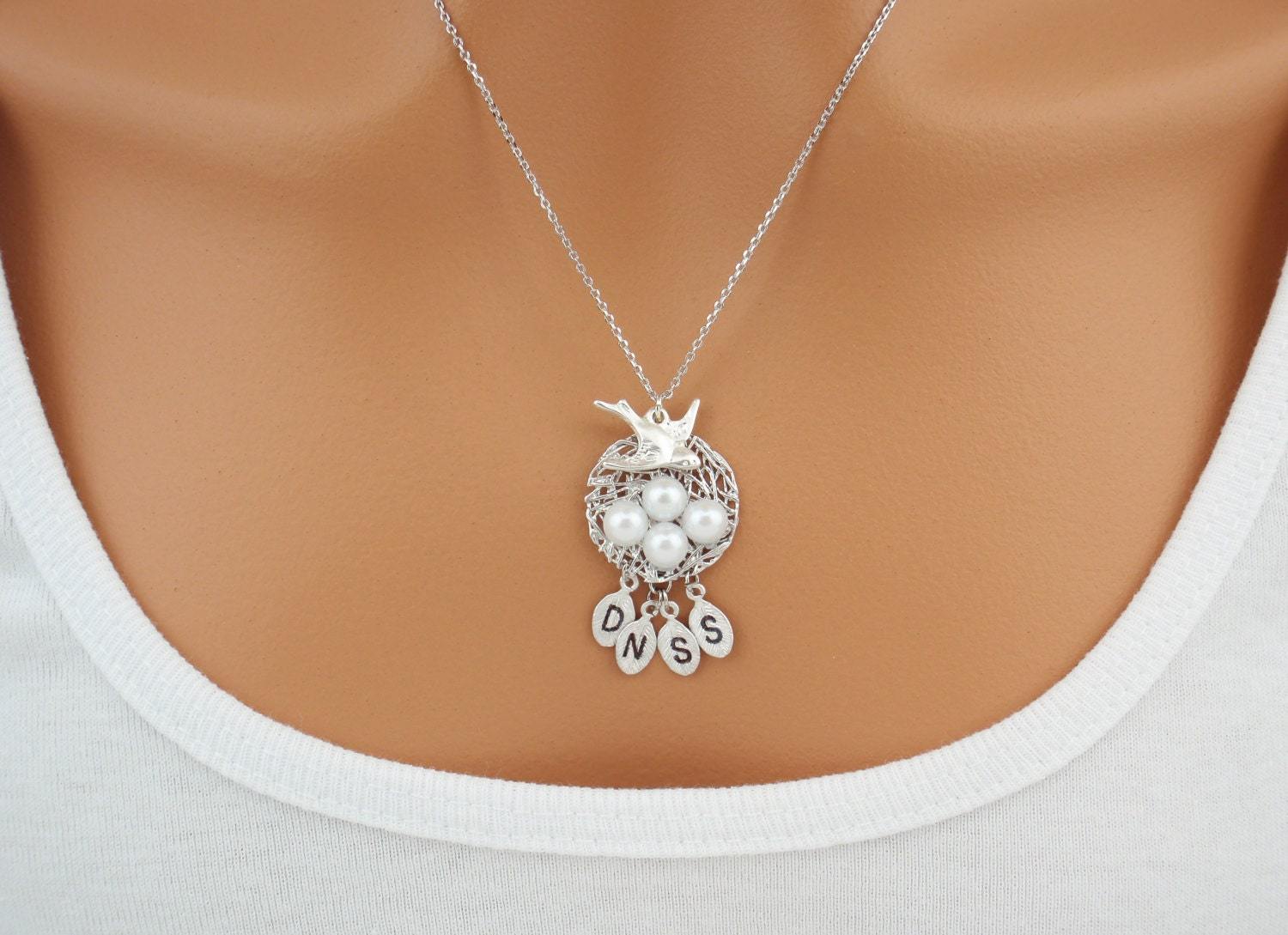 Personalized pearl initial baby bird nest necklace