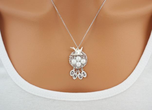 Personalized pearl initial baby bird nest necklace