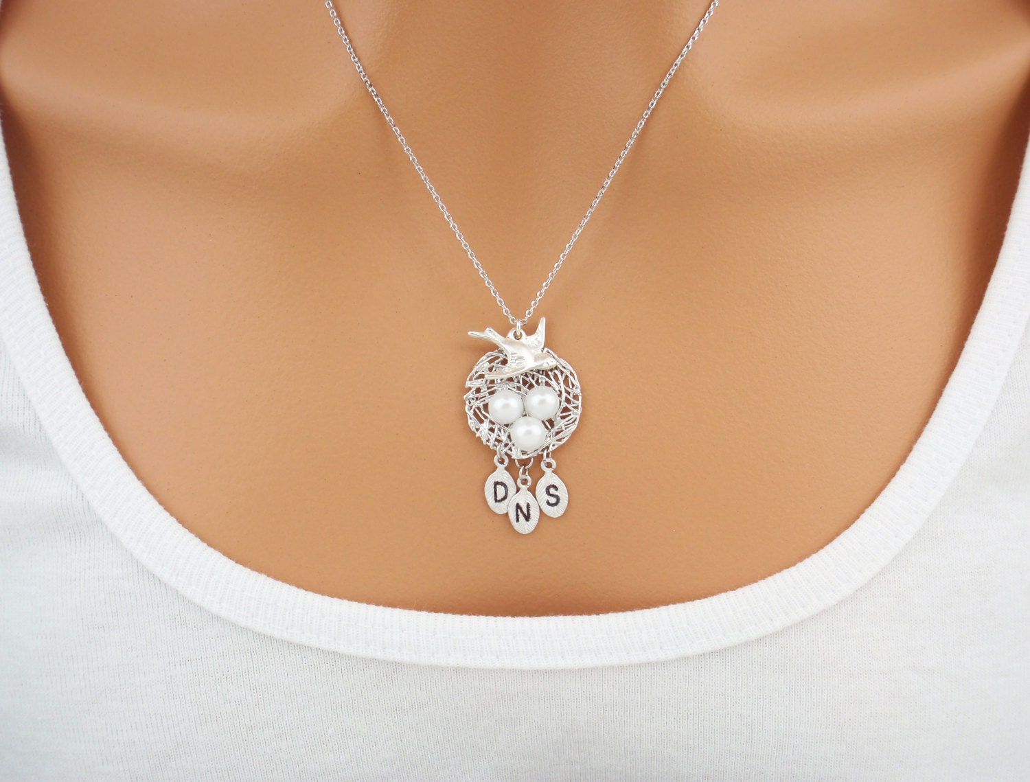 Personalized pearl initial baby bird nest necklace