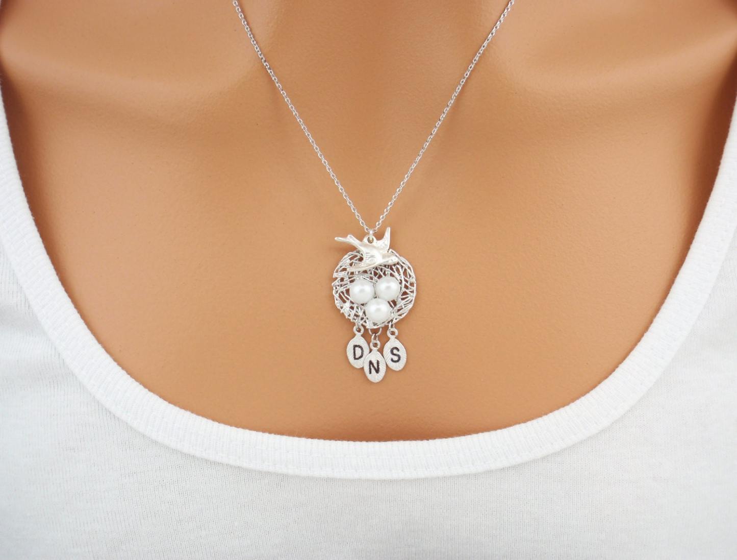 Personalized pearl initial baby bird nest necklace