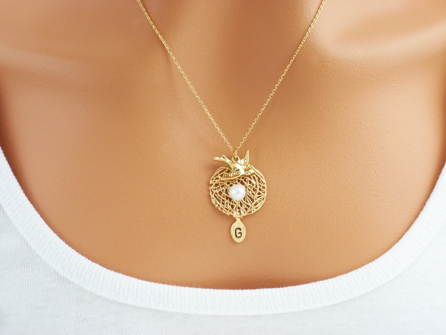 Personalized pearl initial baby bird nest necklace