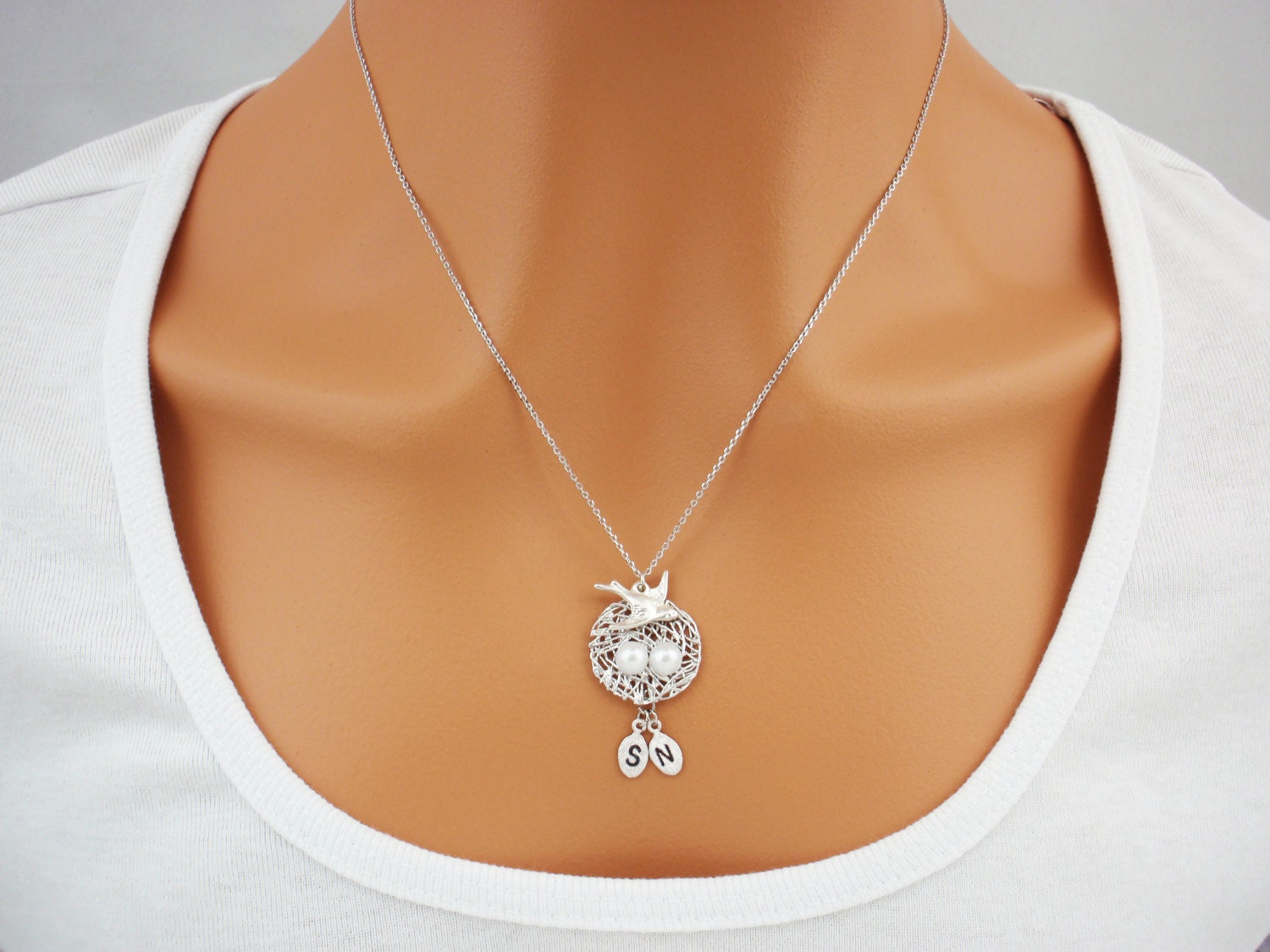 Personalized pearl initial baby bird nest necklace
