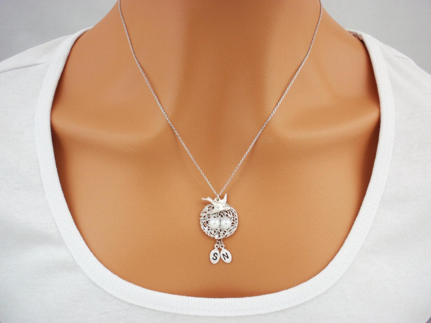 Personalized pearl initial baby bird nest necklace