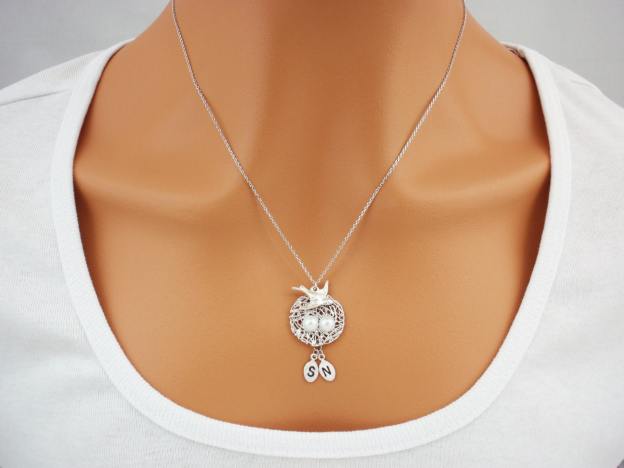 Personalized pearl initial baby bird nest necklace