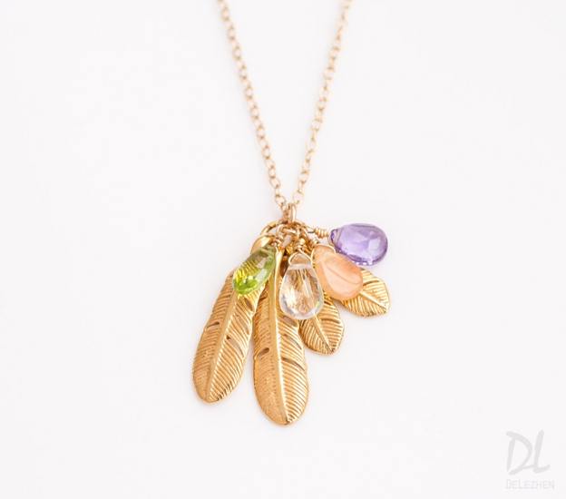 Custom Birthstone Boho Feather Charm Necklace