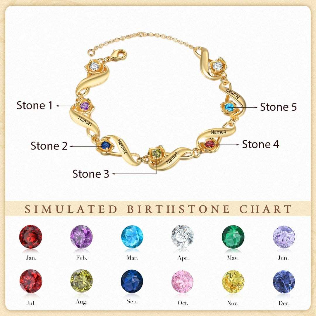 Mother's Day Gift Infinity Rose Bracelet In Gold Custom 1-7 Birthstones and Names Women Bracelet-Engravingift