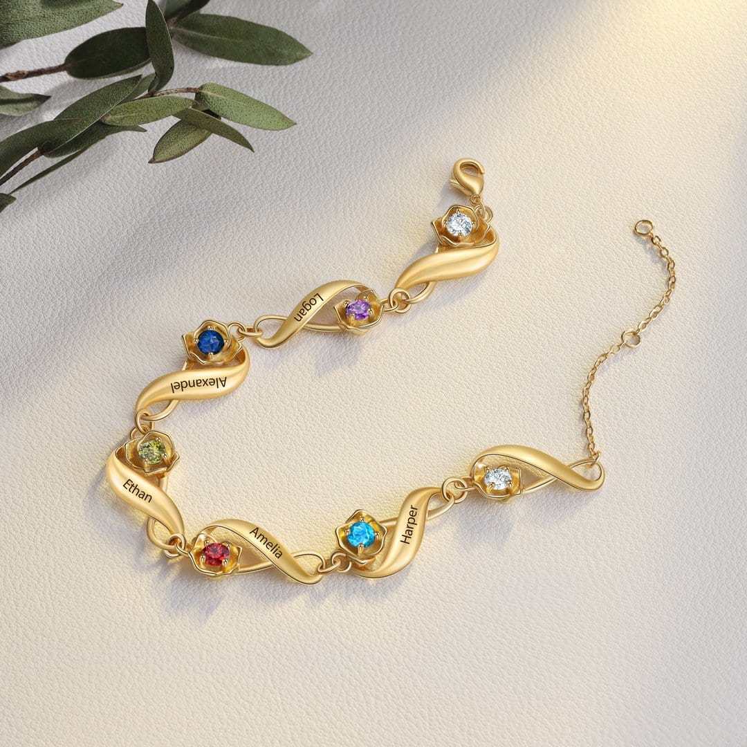 Mother's Day Gift Infinity Rose Bracelet In Gold Custom 1-7 Birthstones and Names Women Bracelet-Engravingift