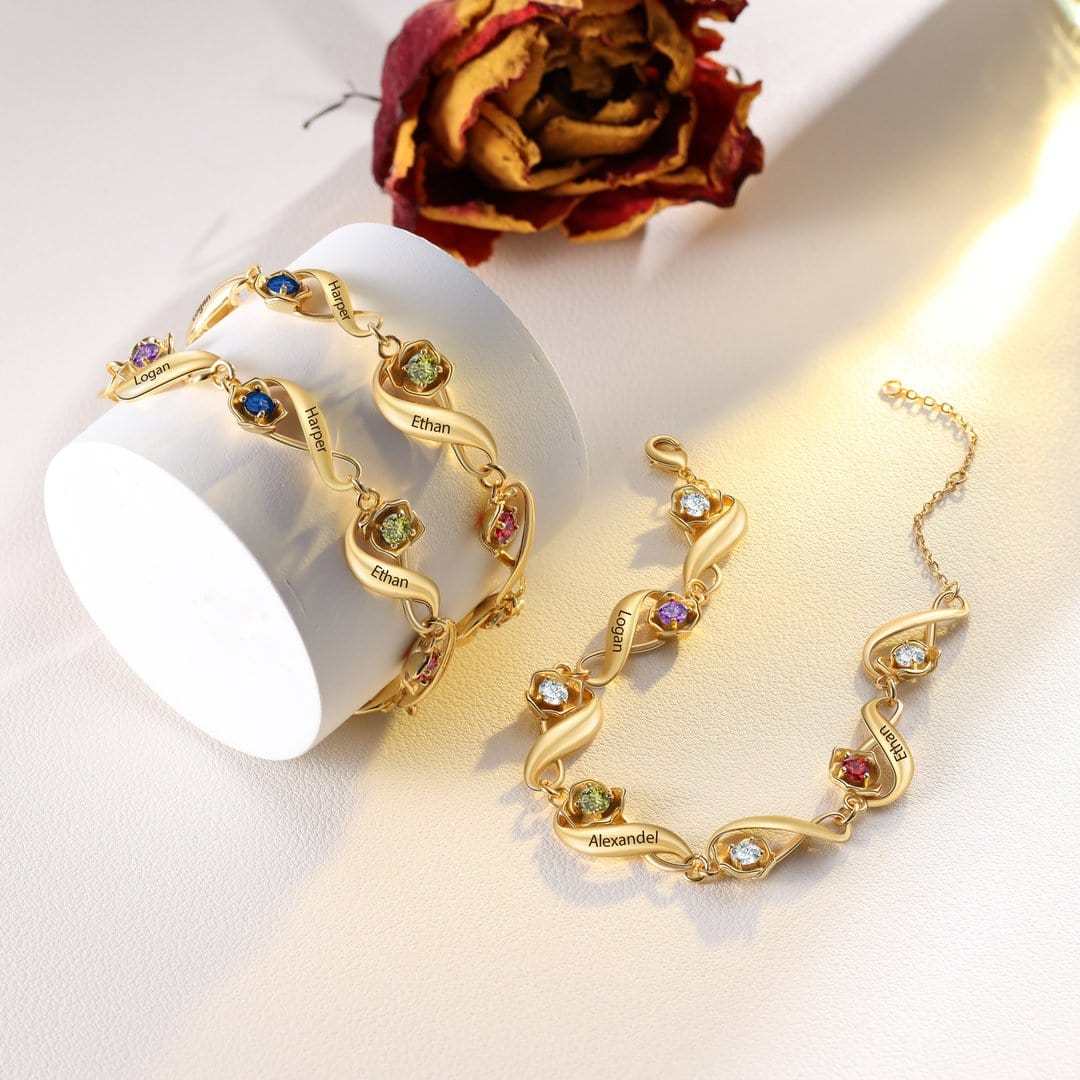 Mother's Day Gift Infinity Rose Bracelet In Gold Custom 1-7 Birthstones and Names Women Bracelet-Engravingift