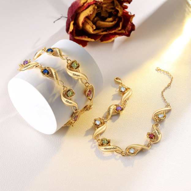 Mother's Day Gift Infinity Rose Bracelet In Gold Custom 1-7 Birthstones and Names Women Bracelet-Engravingift