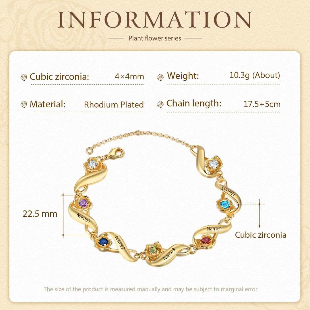 Mother's Day Gift Infinity Rose Bracelet In Gold Custom 1-7 Birthstones and Names Women Bracelet-Engravingift