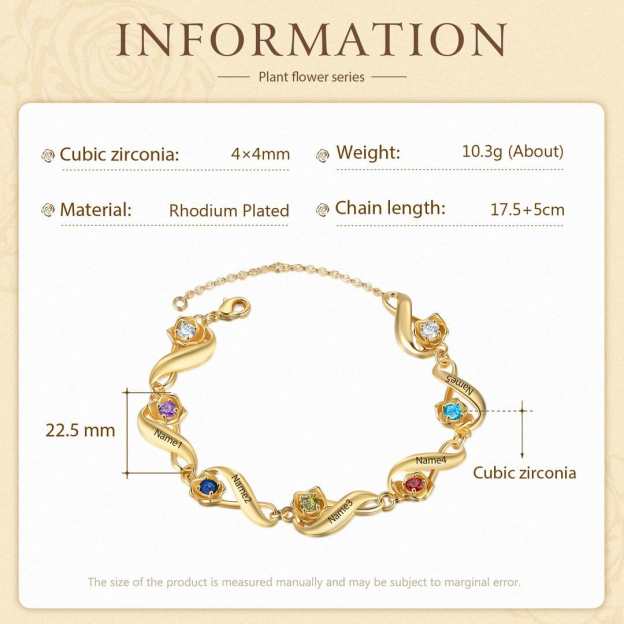Mother's Day Gift Infinity Rose Bracelet In Gold Custom 1-7 Birthstones and Names Women Bracelet-Engravingift