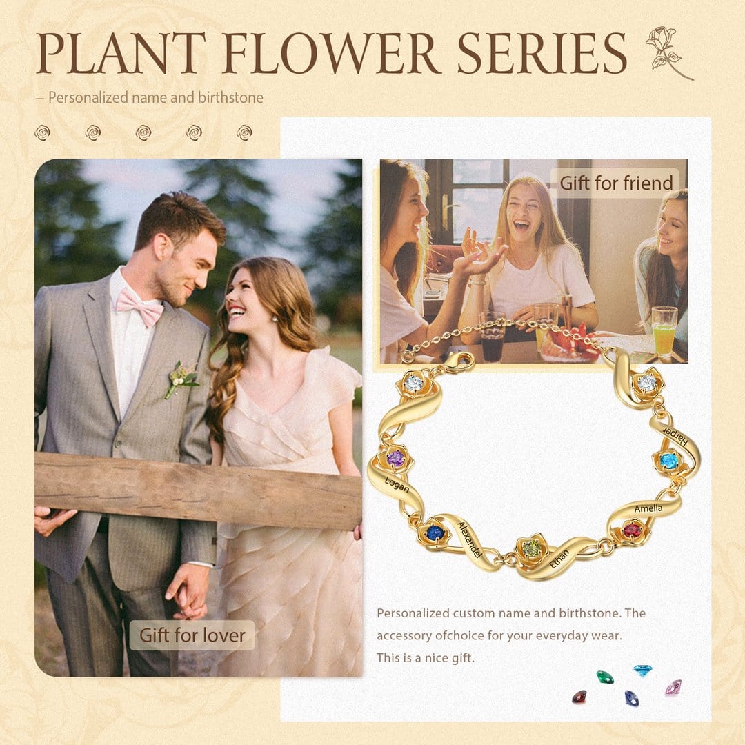 Mother's Day Gift Infinity Rose Bracelet In Gold Custom 1-7 Birthstones and Names Women Bracelet-Engravingift