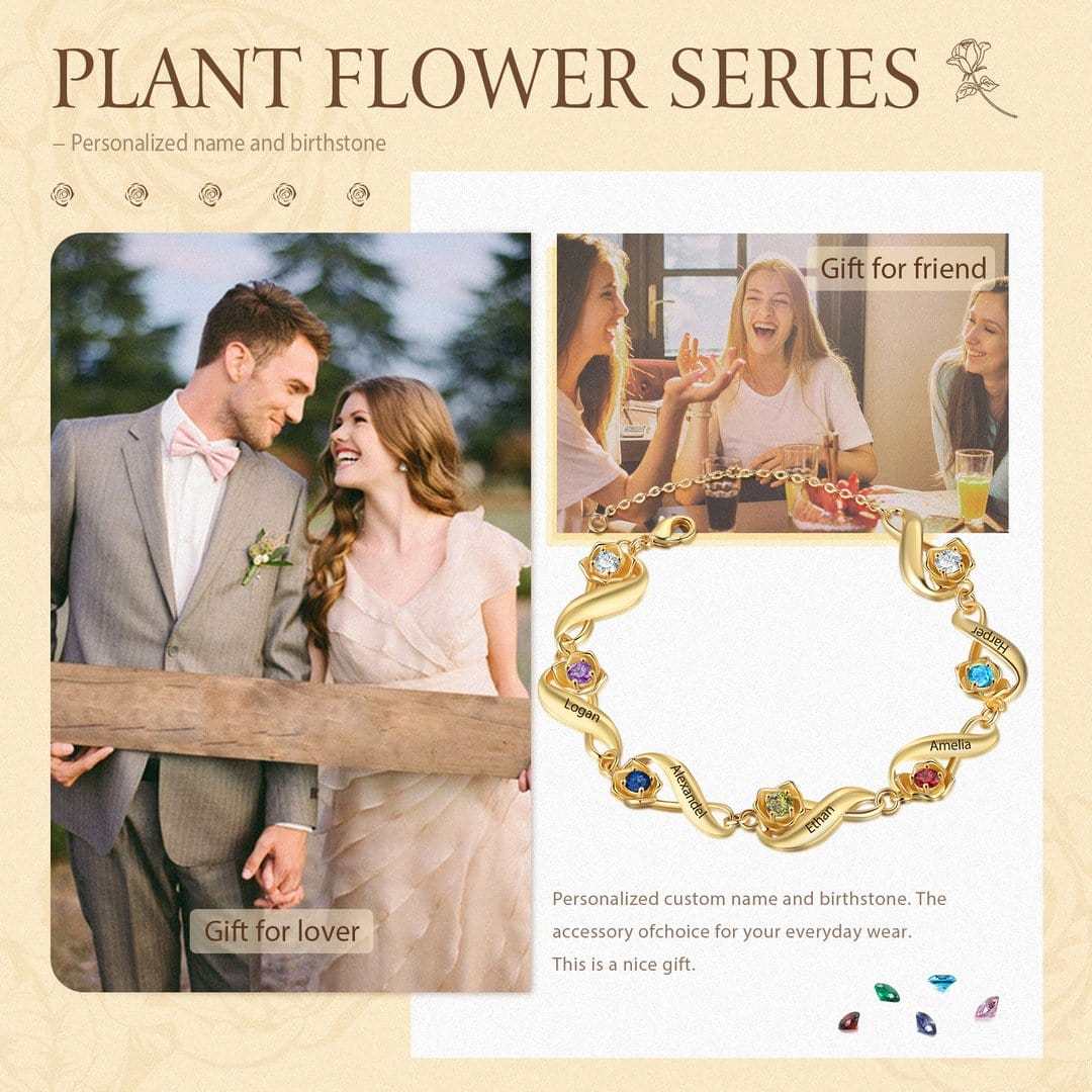 Mother's Day Gift Infinity Rose Bracelet In Gold Custom 1-7 Birthstones and Names Women Bracelet-Engravingift