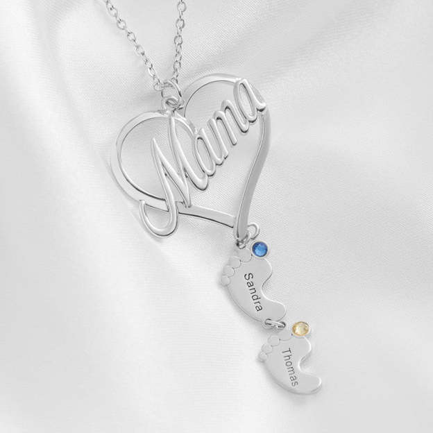 Mother's Day Gift Mama Heart Pendant With Birthstone Baby Feet Necklace-Engravingift