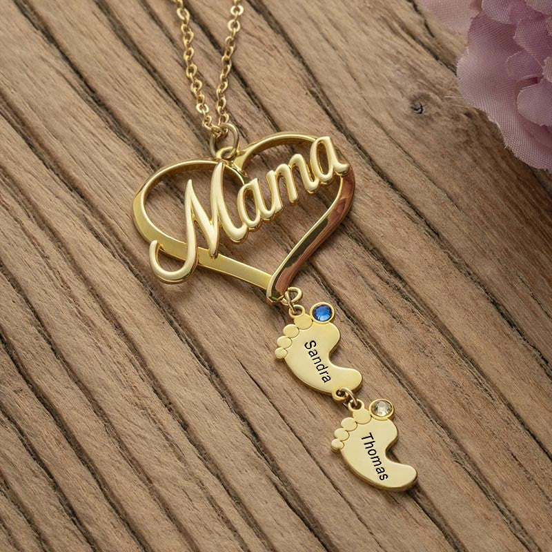 Mother's Day Gift Mama Heart Pendant With Birthstone Baby Feet Necklace-Engravingift