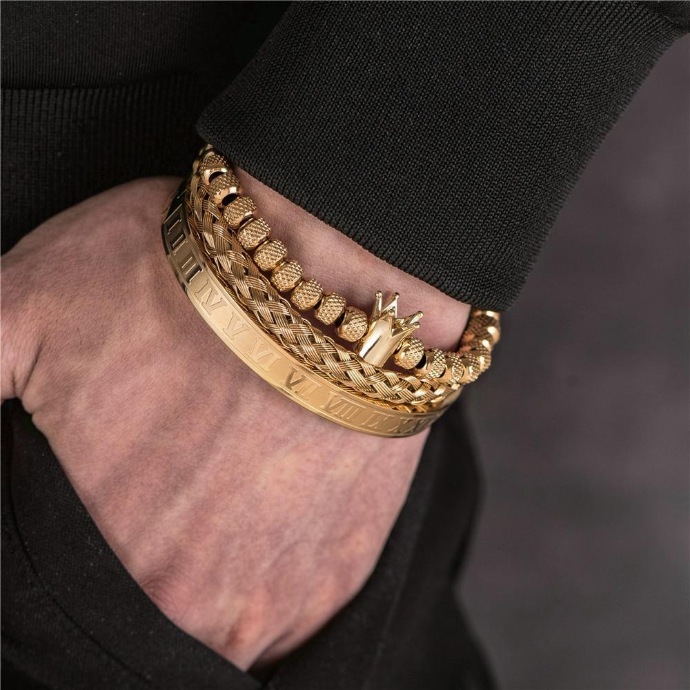 Father's Day Gift King Bling Royal Ice Roman Numerals Bracelet 3PCS Set (4 Colors)-Engravingift
