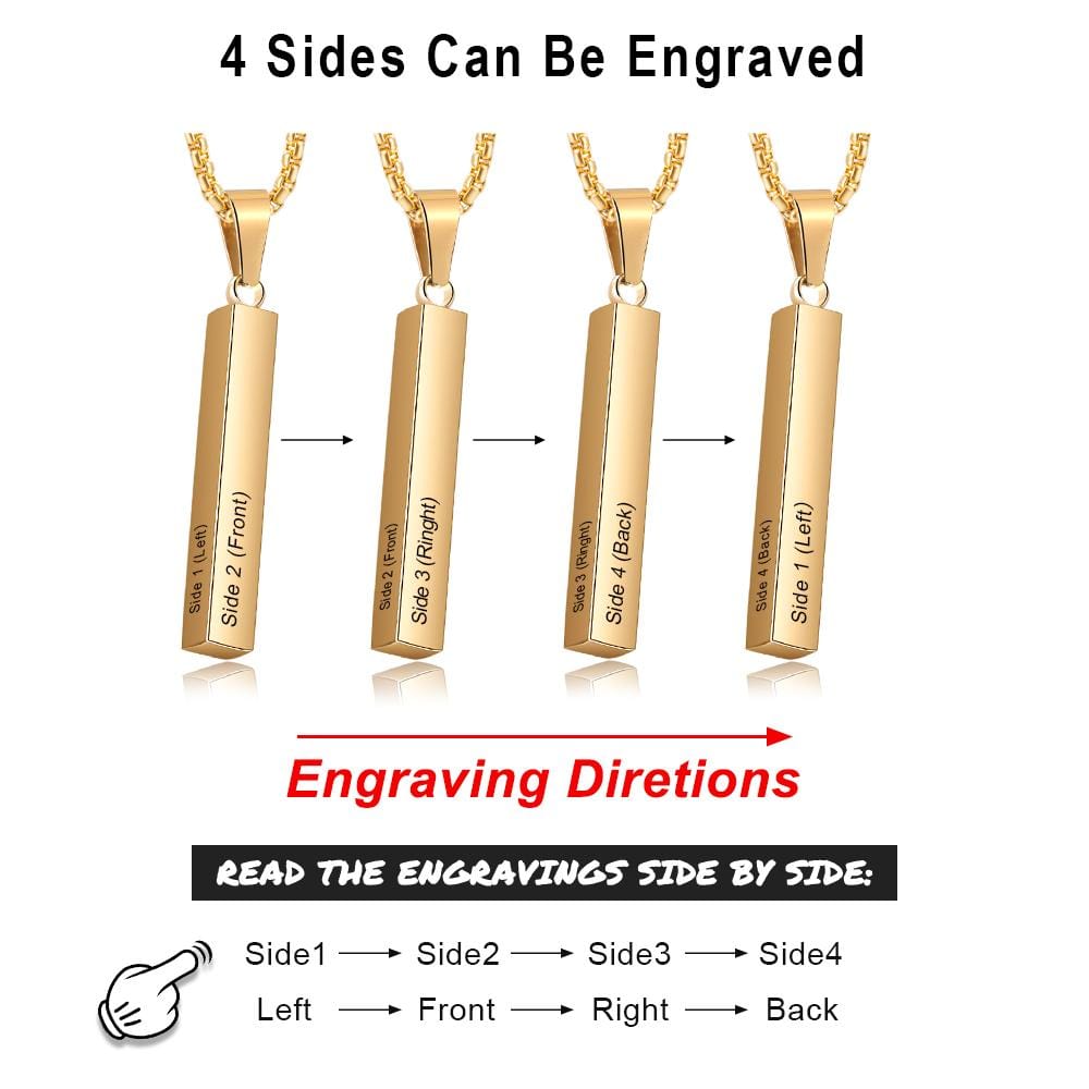 Father's Day Gift Men Vertical Bar Necklace Engraved 4 Side Personalized 3D Bar Necklace Gold-Engravingift