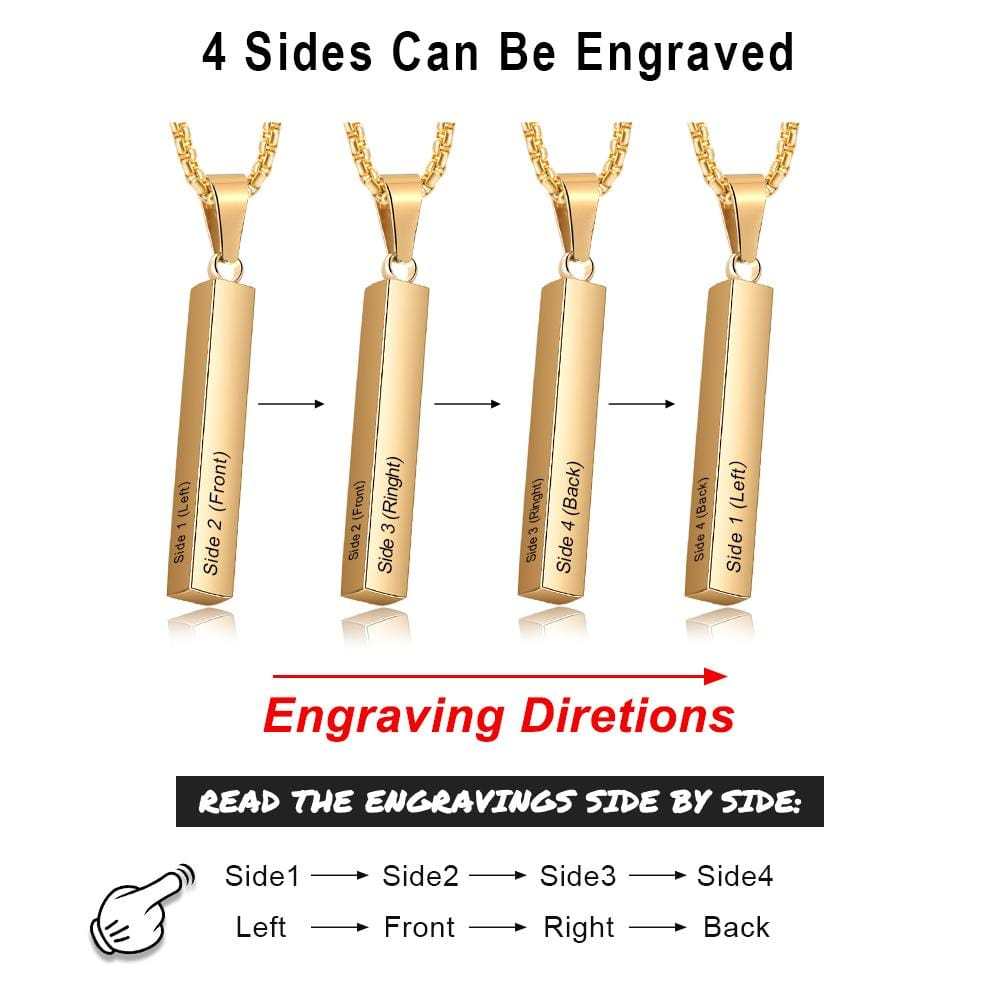 Father's Day Gift Men Vertical Bar Necklace Engraved 4 Side Personalized 3D Bar Necklace Gold-Engravingift