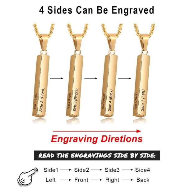 Father's Day Gift Men Vertical Bar Necklace Engraved 4 Side Personalized 3D Bar Necklace Gold-Engravingift