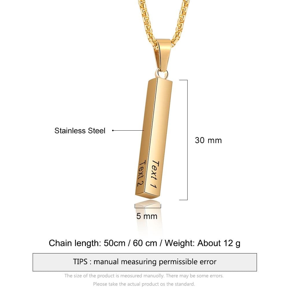 Father's Day Gift Men Vertical Bar Necklace Engraved 4 Side Personalized 3D Bar Necklace Gold-Engravingift