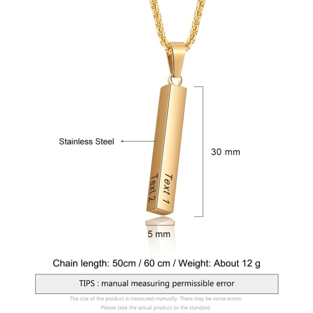 Father's Day Gift Men Vertical Bar Necklace Engraved 4 Side Personalized 3D Bar Necklace Gold-Engravingift