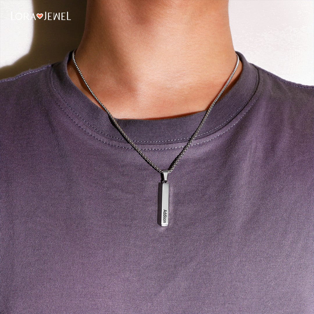 Father's Day Gift Men Vertical Bar Necklace Engraved 4 Side Personalized 3D Bar Necklace Gold-Engravingift