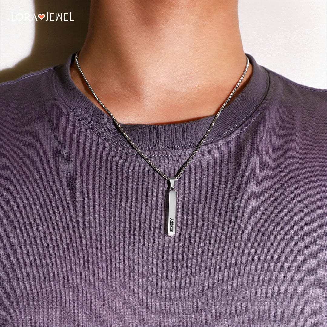 Father's Day Gift Men Vertical Bar Necklace Engraved 4 Side Personalized 3D Bar Necklace Gold-Engravingift