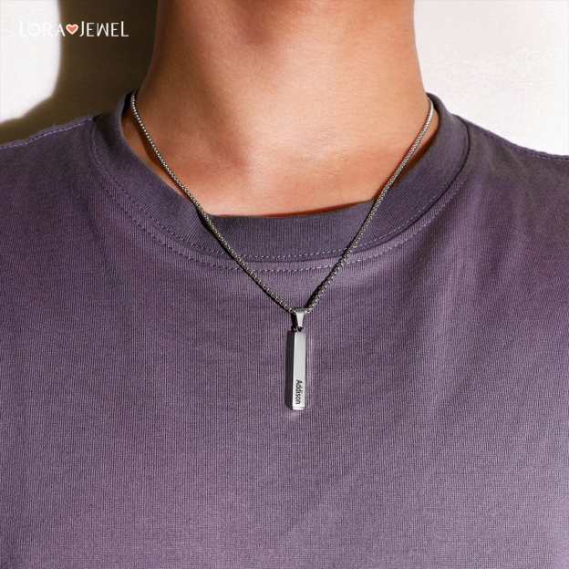 Father's Day Gift Men Vertical Bar Necklace Engraved 4 Side Personalized 3D Bar Necklace Gold-Engravingift