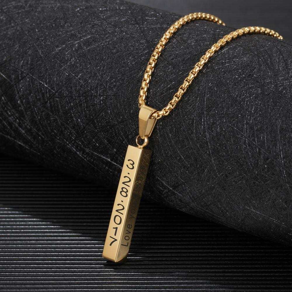 Father's Day Gift Men Vertical Bar Necklace Engraved 4 Side Personalized 3D Bar Necklace Gold-Engravingift