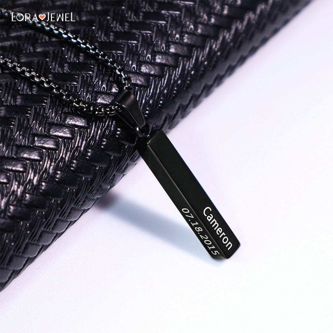 Father's Day Gift Men Vertical Bar Necklace Engraved 4 Side Personalized 3D Bar Necklace Gold-Engravingift