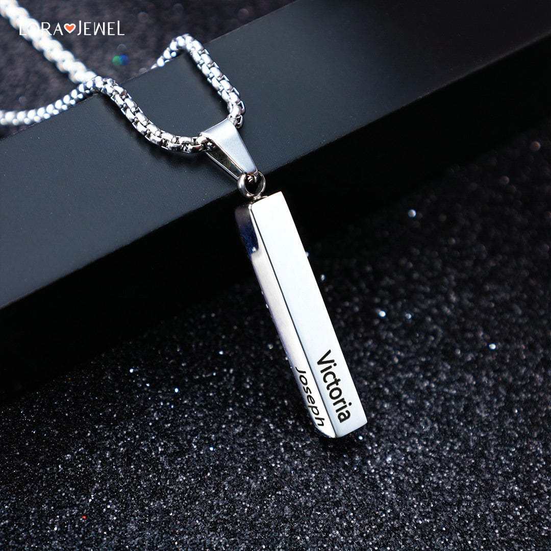 Father's Day Gift Men Vertical Bar Necklace Engraved 4 Side Personalized 3D Bar Necklace Gold-Engravingift