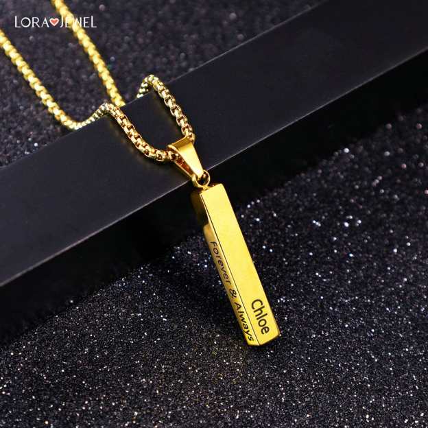 Father's Day Gift Men Vertical Bar Necklace Engraved 4 Side Personalized 3D Bar Necklace Gold-Engravingift