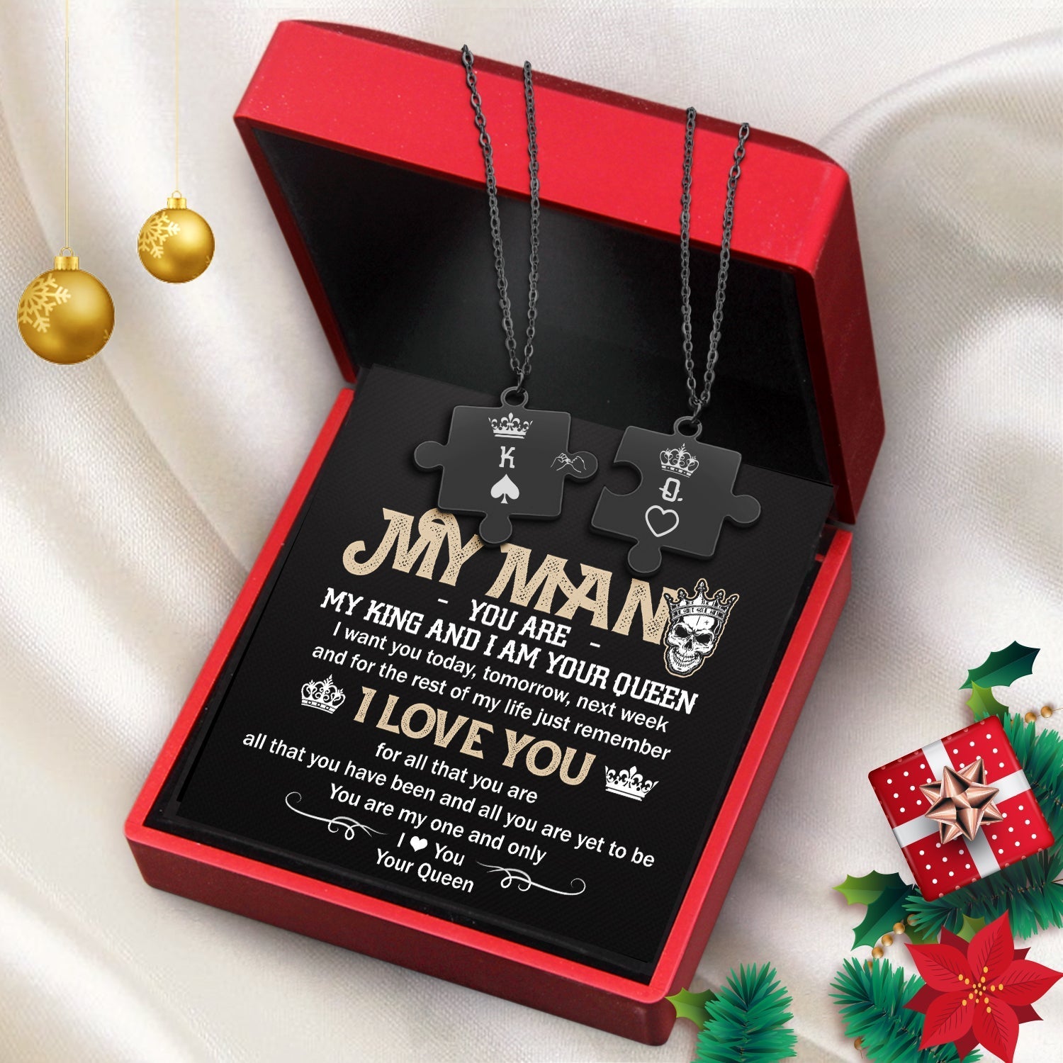 Christmas Gift Puzzle Piece Necklace - Skull - My Man - I Am Your Queen