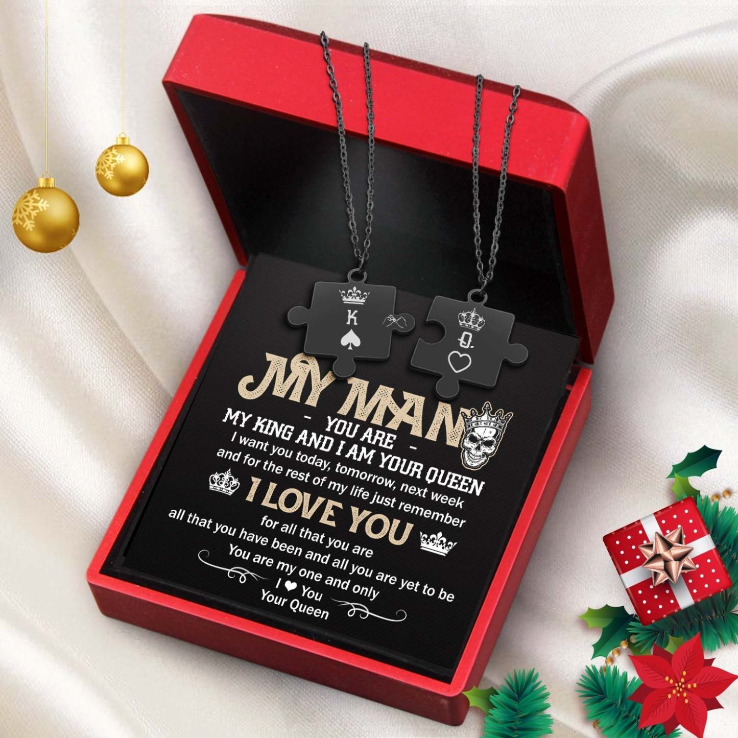 Christmas Gift Puzzle Piece Necklace - Skull - My Man - I Am Your Queen