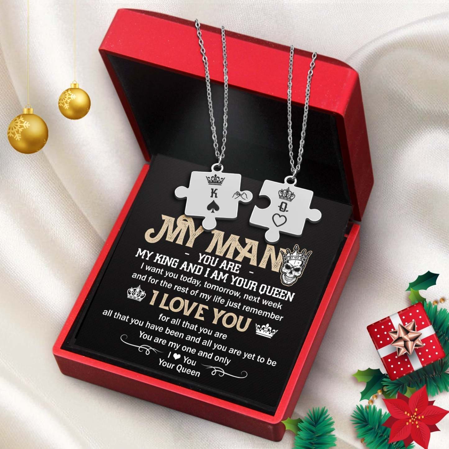 Christmas Gift Puzzle Piece Necklace - Skull - My Man - I Am Your Queen