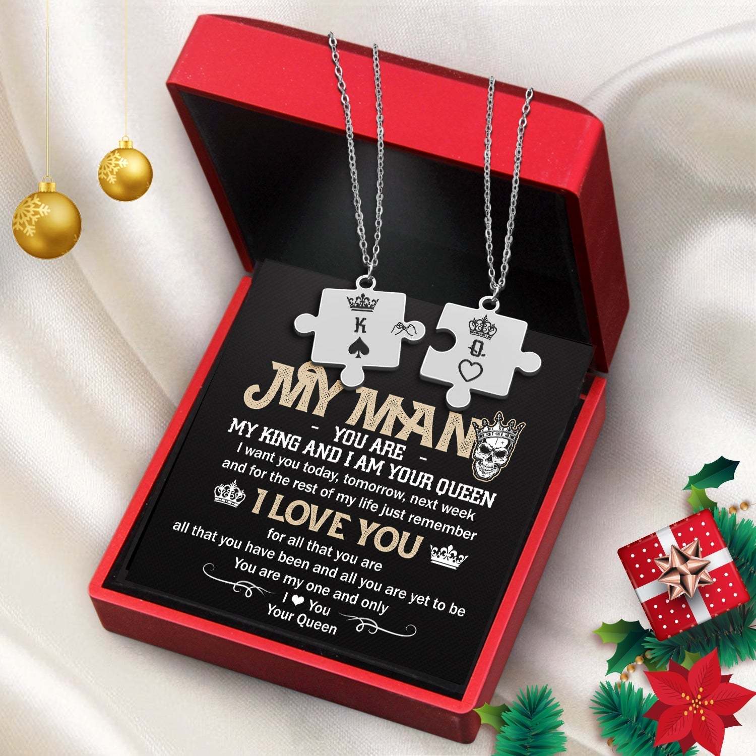 Christmas Gift Puzzle Piece Necklace - Skull - My Man - I Am Your Queen