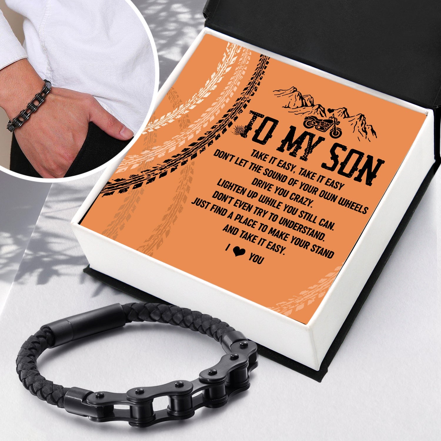 Christmas Gift To My Son - I Love You - Chain Woven Leather Bracelet - Biker
